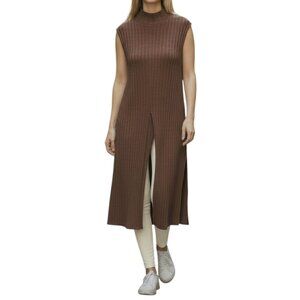 ZARA Brown Turtleneck Sleeveless Long Sweater Top with Front Slit - Size Large